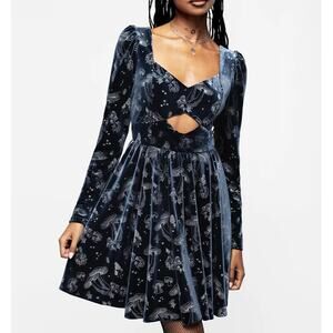 Disturbia Velour Puff Sleeve Dark Fairy Goth Mini Dress w Mushrooms Cut-Out sz 8